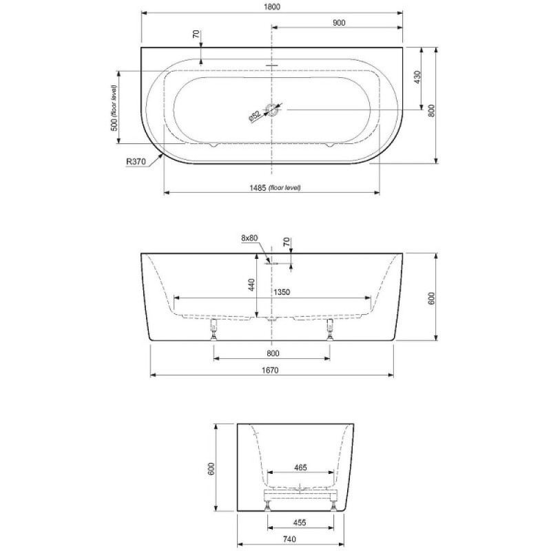 Ванна акриловая Cezares Metauro-INT-Wall-180-80-60-G-W-MATT, цвет серый