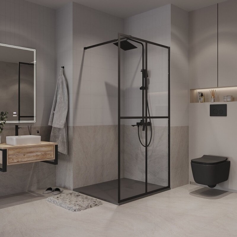 Душевая стенка Niagara Nova NG-686-12BLACK, 120 х 195 см, со свободным входом, стекло прозрачное с рисунком, профиль черный матовый
