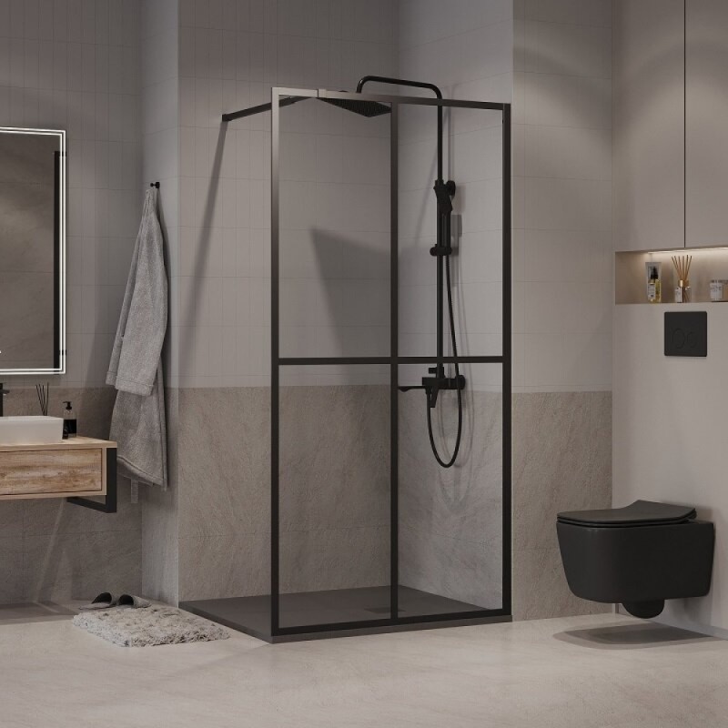 Душевая стенка Niagara Nova NG-686-90BLACK, 90 х 195 см, со свободным входом, стекло прозрачное с рисунком, профиль черный матовый