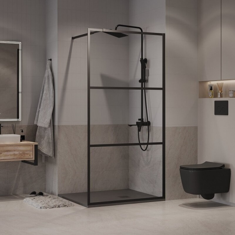 Душевая стенка Niagara Nova NG-688-90BLACK, 90 х 195 см, со свободным входом, стекло прозрачное с рисунком, профиль черный матовый