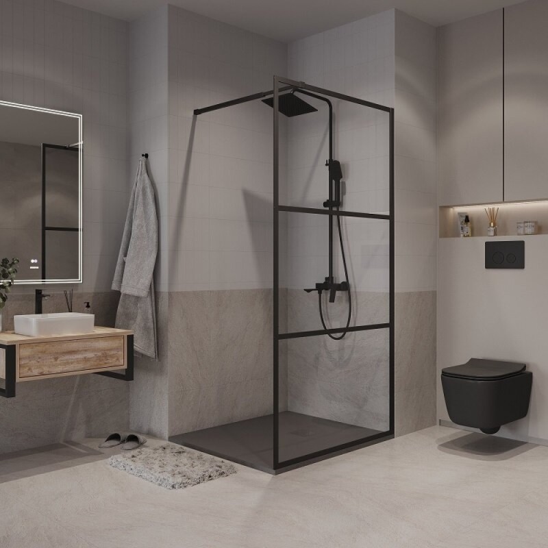 Душевая стенка Niagara Nova NG-688-90BLACK, 90 х 195 см, со свободным входом, стекло прозрачное с рисунком, профиль черный матовый