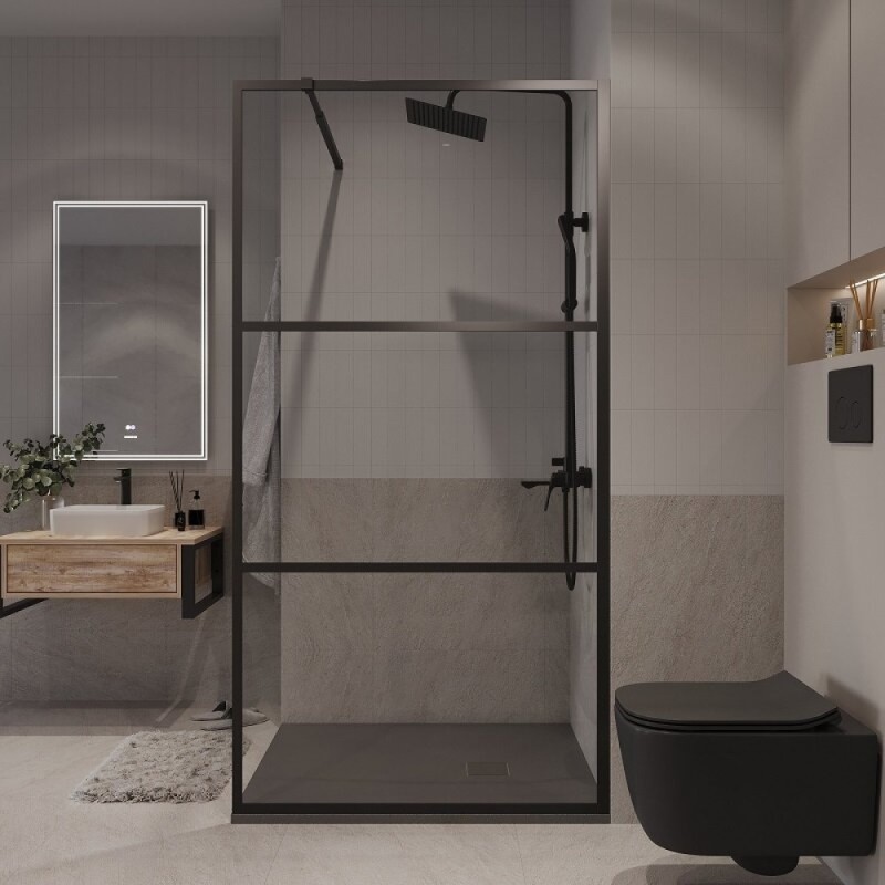 Душевая стенка Niagara Nova NG-688-90BLACK, 90 х 195 см, со свободным входом, стекло прозрачное с рисунком, профиль черный матовый