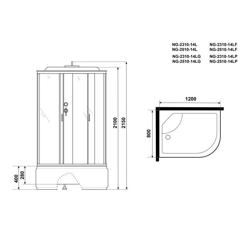 Душевая кабина NIAGARA Classic NG-2310-14LG (1200х800х2150) высокий поддон(40см) стекло МАТОВОЕ 4 места