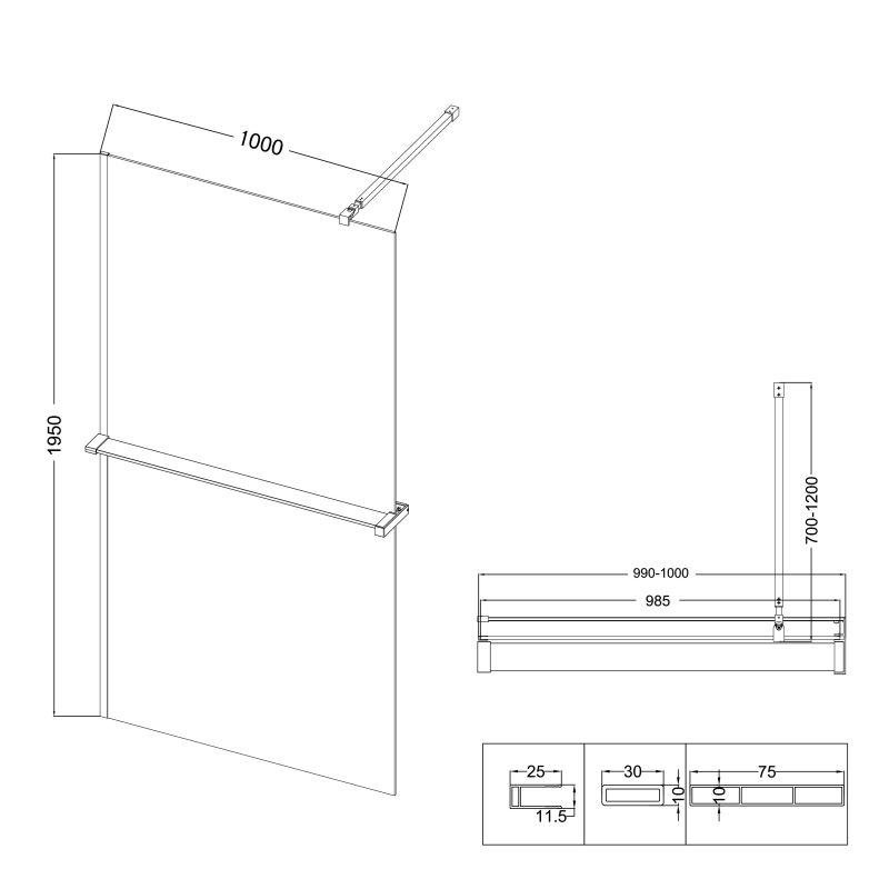 Душевая перегородка Niagara NG-670-10ВLACK (100*195) черный матовый, стекло прозрачное,1 место