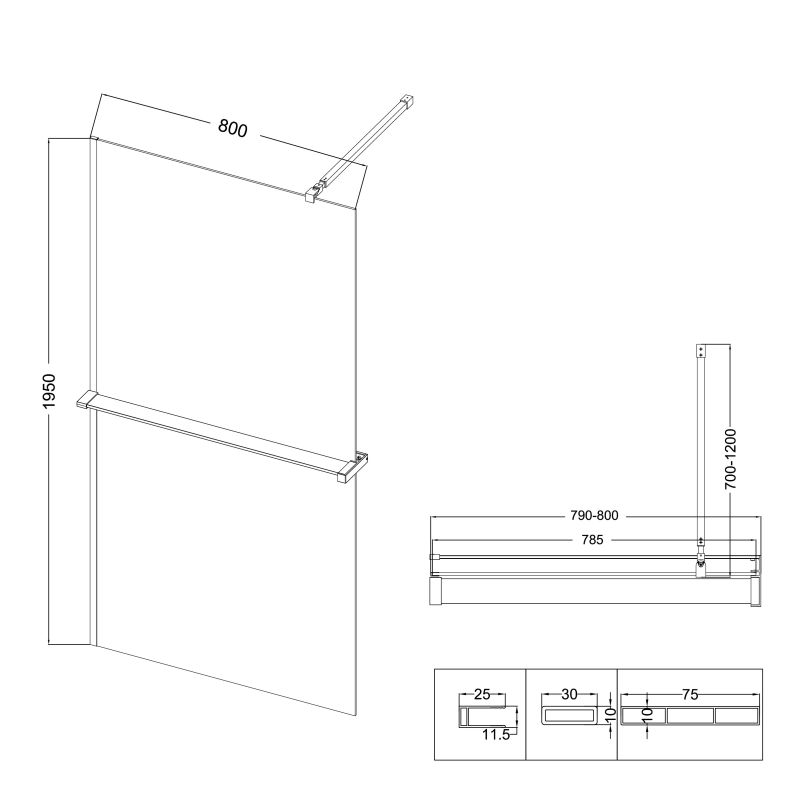Душевая перегородка Niagara NG-670-80ВLACK (80*195) черный матовый, стекло прозрачное,1 место