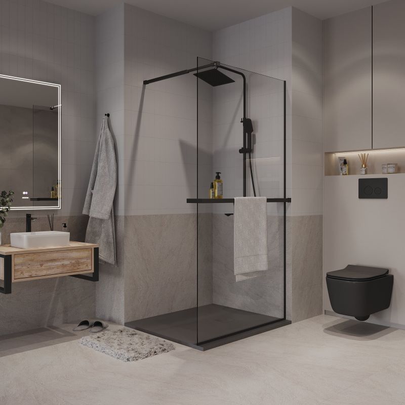 Душевая перегородка Niagara NG-670-90ВLACK (90*195) черный матовый, стекло прозрачное,1 место