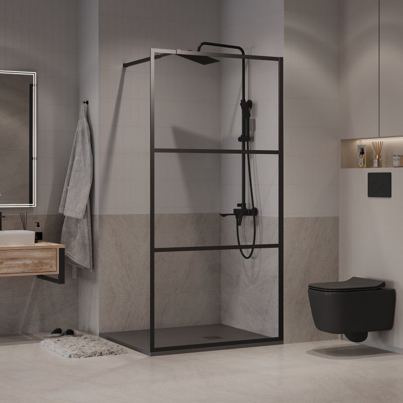 Душевая перегородка Niagara NG-688-90BLACK (90*195) черный матовый, стекло прозрачное с рисунком,1 место