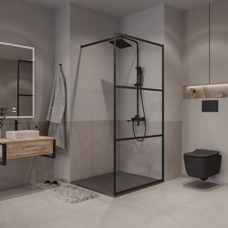 Душевая перегородка Niagara NG-688-90BLACK (90*195) черный матовый, стекло прозрачное с рисунком,1 место