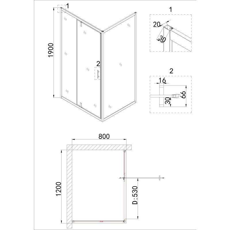 Душевой уголок Niagara NG-0220-08 BLACK (1200х800х1950) прямоугольник, дверь распашная, 1 место