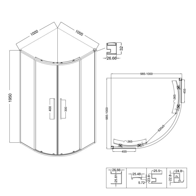 Душевой уголок Niagara NG-2827-34BLACK (100*100*195) полукруг, раздвижная, черный матовый, стекло тонир,1 м