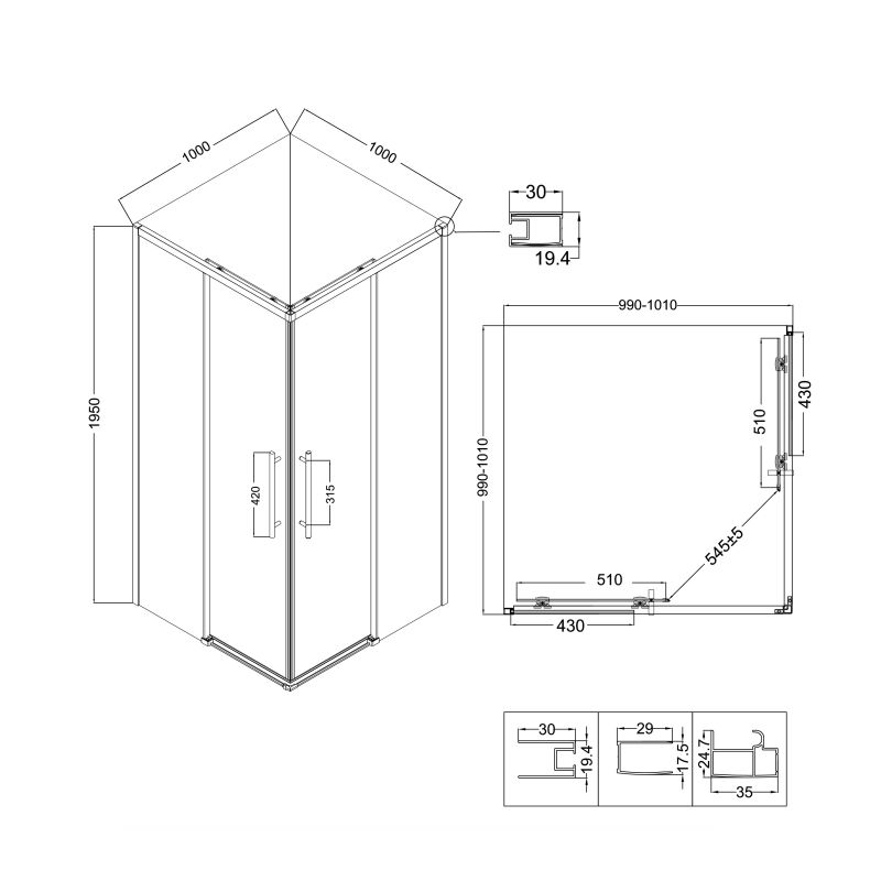 Душевой уголок Niagara NG-2830-34BLACK (100*100*195) квадрат, раздвижная, черный матовый, стекло тониров,1м