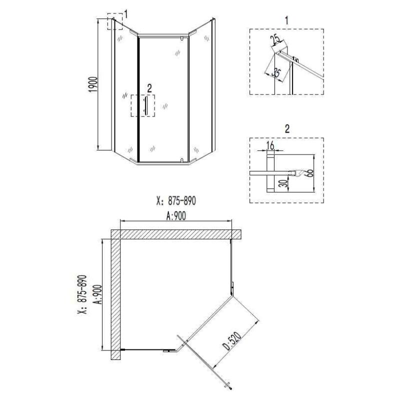 Душевой уголок Niagara NG-6405-08 GOLD (90*90*195) трапеция, дверь распашная, 1 место