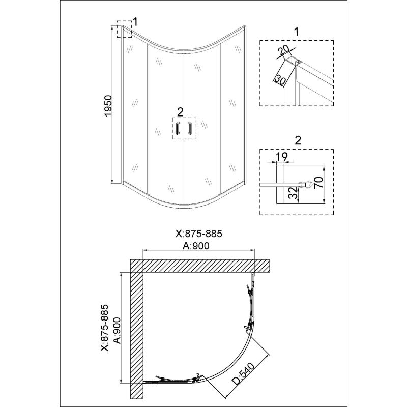 Душевой уголок Niagara NG-6406-08 GOLD (90*90*195) полукруг, двери раздвижные, 1 место