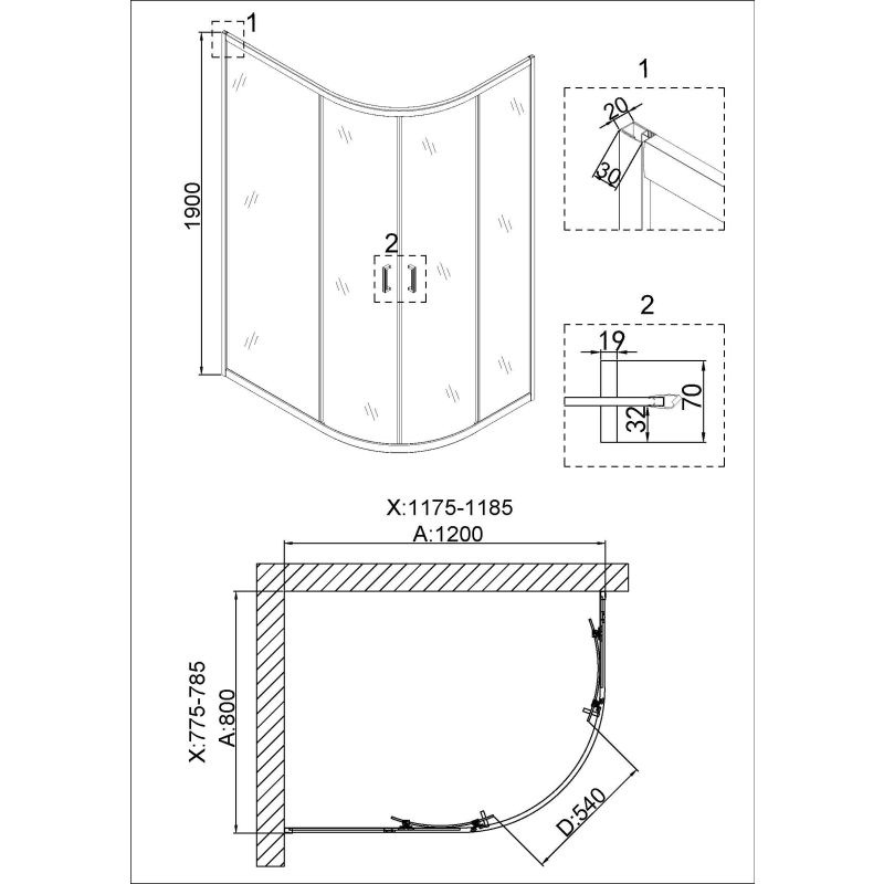 Душевой уголок Niagara NG-6421-08 GOLD (120*80*190) полукруг, двери раздвижные, 1 место