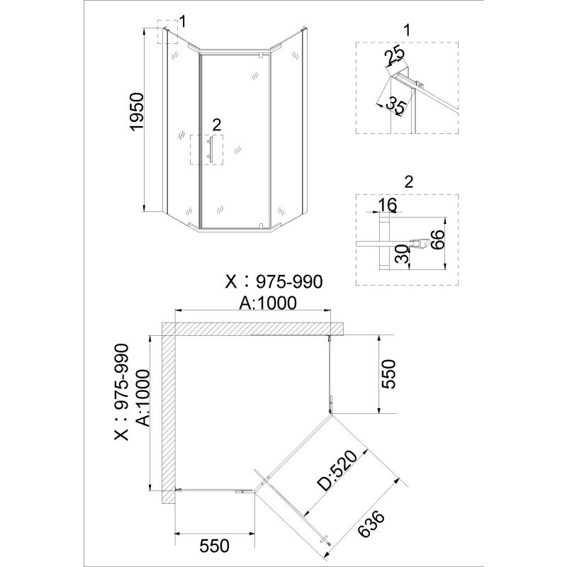 Душевой уголок Niagara NG-6634-08 (100*100*195) трапеция, дверь распашная, 1 место