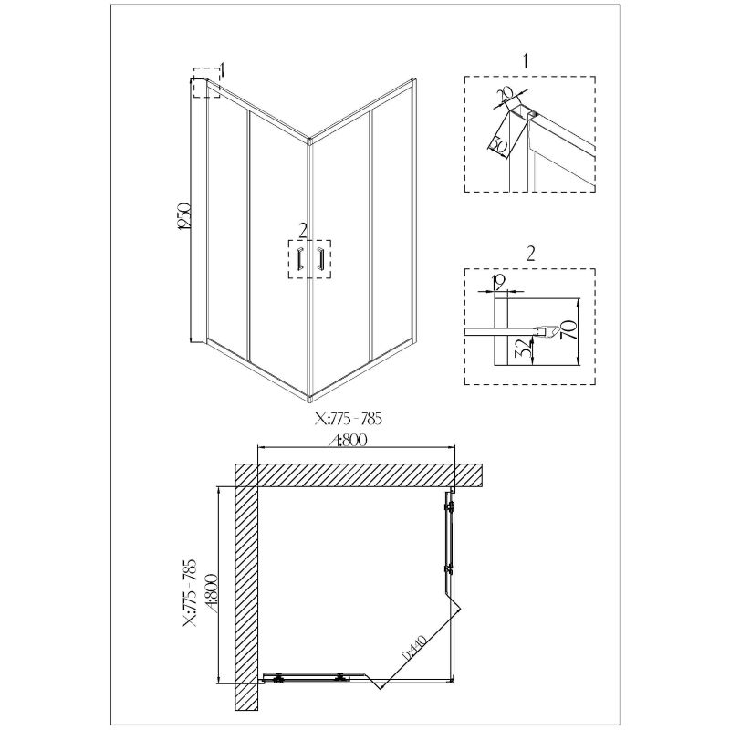 Душевой уголок Niagara NG-6688-08 (80*80*195) квадрат, двери раздвижные, 1 место