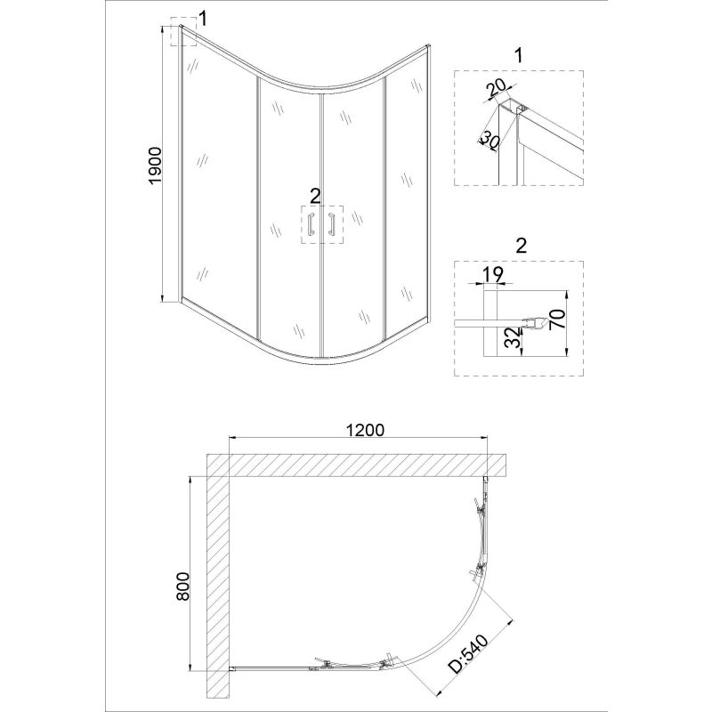 Душевой уголок Niagara NG-6821-08 BLACK (120*80*190) полукруг, двери раздвижные, 1 место