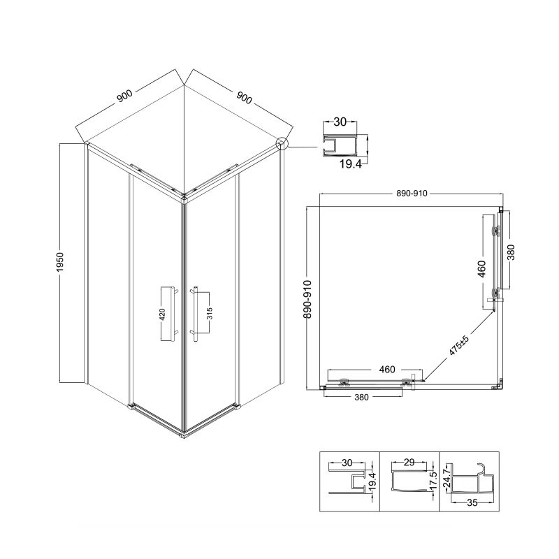 Душевой уголок Niagara NG-6829-34BLACK (90*90*195) квадрат, раздвижная, черный матовый, стекло прозрачн,1ме