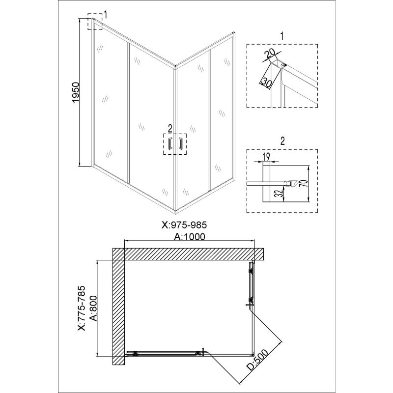 Душевой уголок Niagara NG-6881-08 BLACK (100*80*195) прямоугольник, двери раздвижные, 1 место