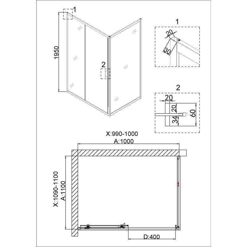 Душевой уголок Niagara NG-42-10AG-A110G (100*110*195) прямоугольник, дверь раздвижная, 2 места
