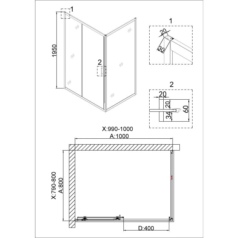 Душевой уголок Niagara NG-42-10AG-A80G (100*80*195) прямоугольник, дверь раздвижная, 2 места