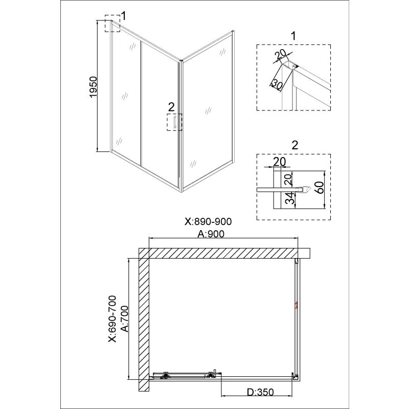 Душевой уголок Niagara NG-42-9AG-A70G (90*70*195) прямоугольник, дверь раздвижная, 2 места