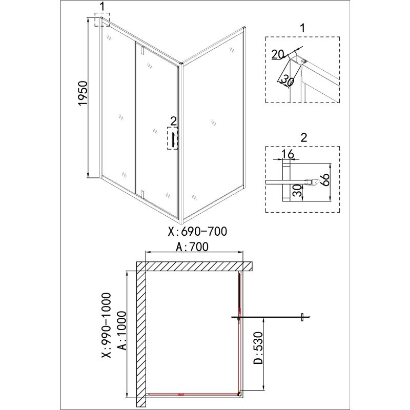 Душевой уголок Niagara NG-43-10AG-A70G (100*70*195) прямоугольник, дверь распашная, 2 места