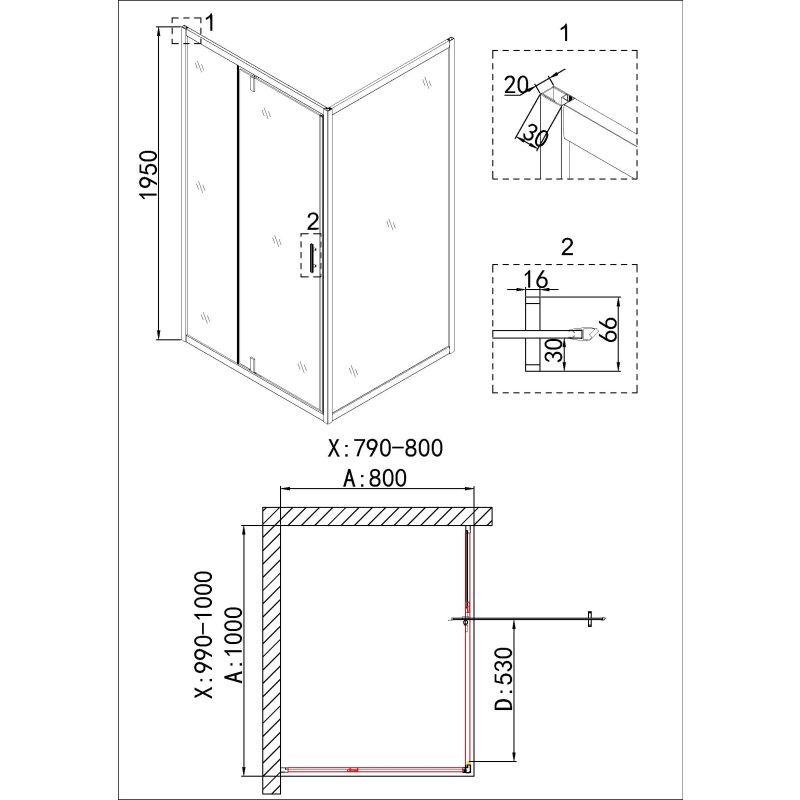 Душевой уголок Niagara NG-43-10AG-A80G (100*80*195) прямоугольник, дверь распашная, 2 места