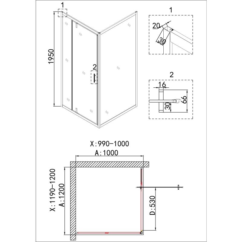 Душевой уголок Niagara NG-43-12AG-A100G (120*100*195) прямоугольник, дверь распашная, 2 места