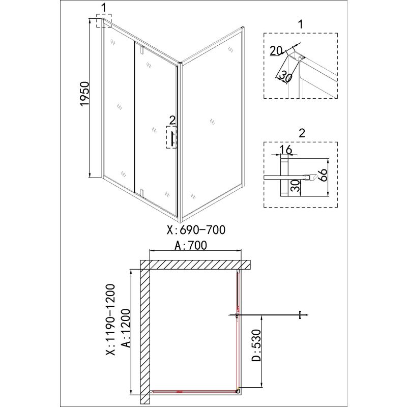 Душевой уголок Niagara NG-43-12AG-A70G (120*70*195) прямоугольник, дверь распашная, 2 места