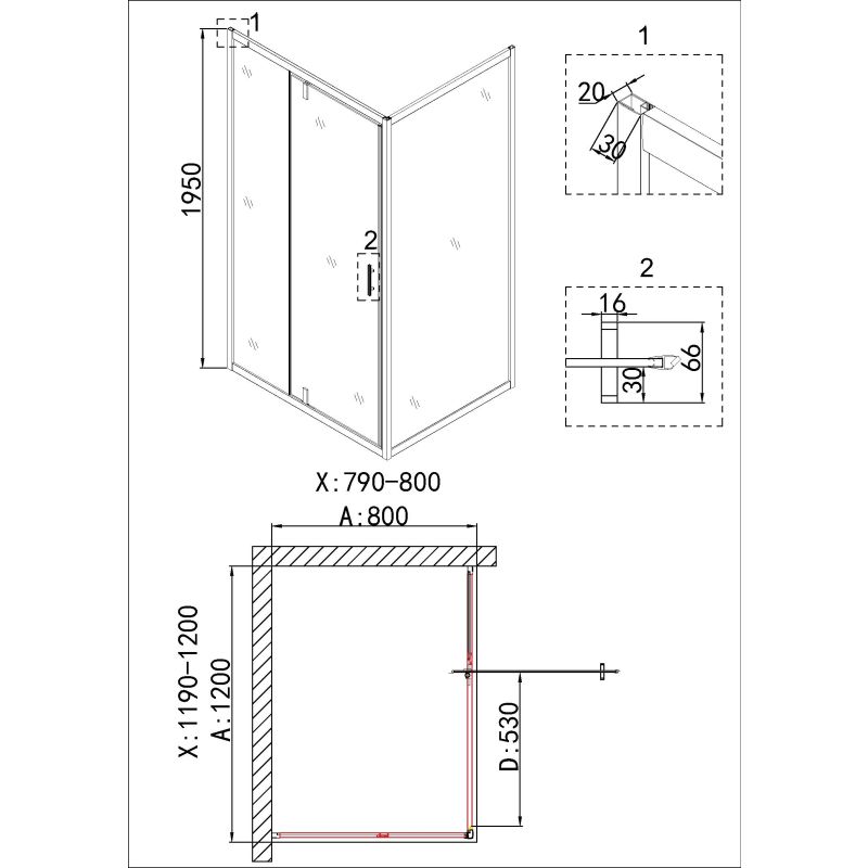 Душевой уголок Niagara NG-43-12AG-A80G (120*80*195) прямоугольник, дверь распашная, 2 места
