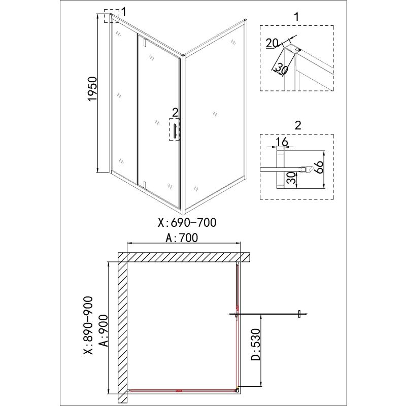 Душевой уголок Niagara NG-43-9AG-A70G (90*70*195) прямоугольник, дверь распашная, 2 места