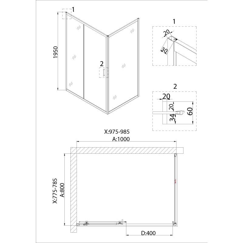 Душевой уголок Niagara NG-62-10A-A80 (100*80*195) прямоугольник, дверь раздвижная, 2 места