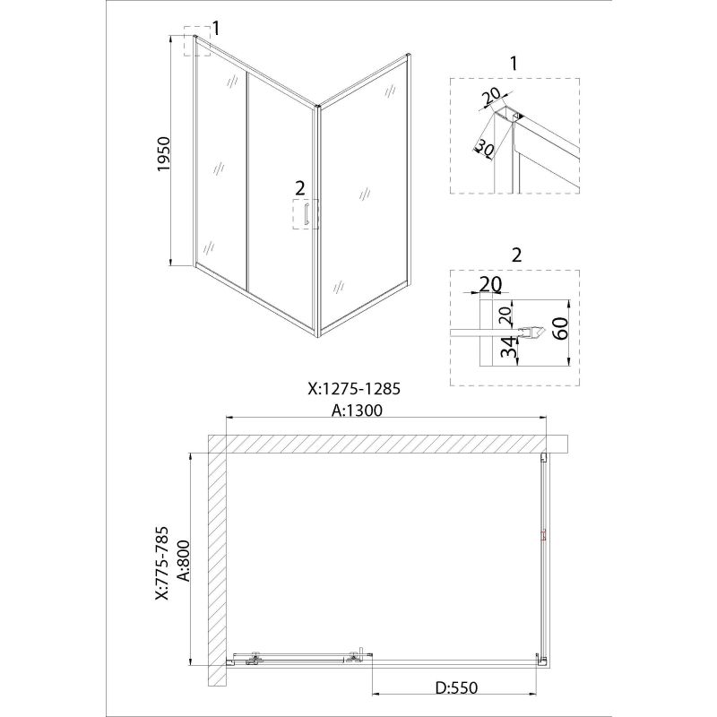 Душевой уголок Niagara NG-62-13A-A80 (130*80*195) прямоугольник, дверь раздвижная, 2 места