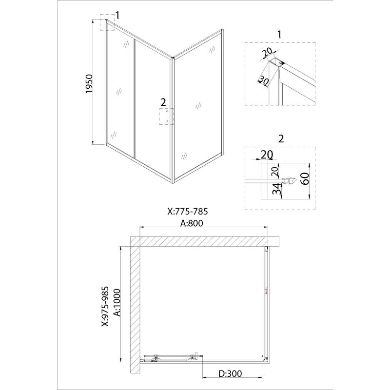 Душевой уголок Niagara NG-62-8A-A100 (80*100*195) прямоугольник, дверь раздвижная, 2 места