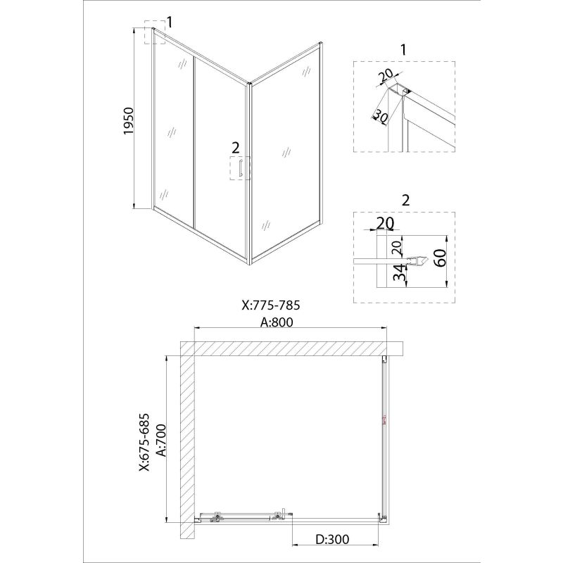 Душевой уголок Niagara NG-62-8A-A70 (80*70*195) прямоугольник, дверь раздвижная, 2 места