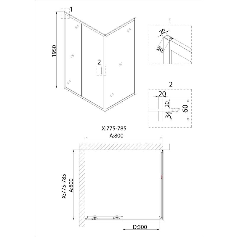 Душевой уголок Niagara NG-62-8A-A80 (80*80*195) кавдрат, дверь раздвижная, 2 места
