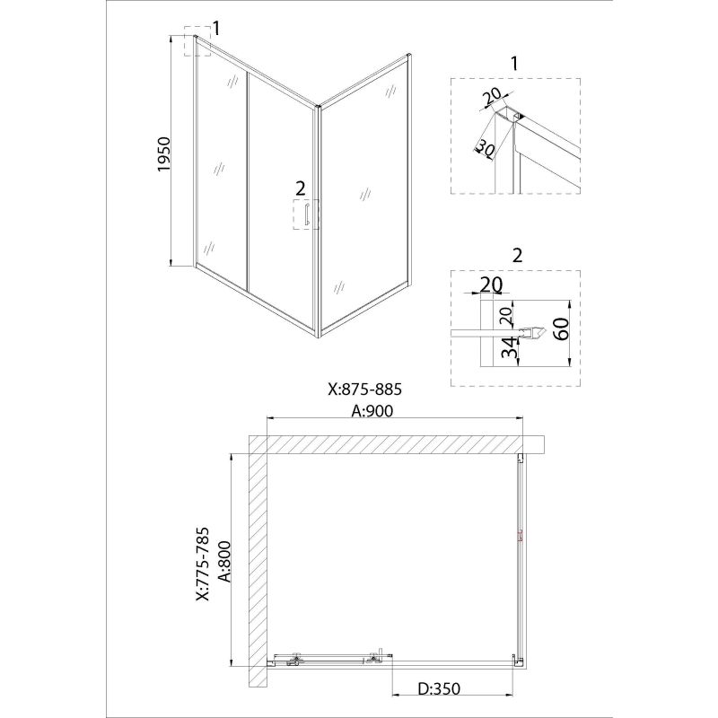 Душевой уголок Niagara NG-62-9A-A80 (90*80*195) прямоугольник, дверь раздвижная, 2 места
