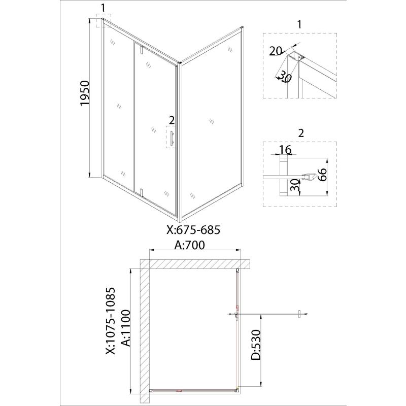 Душевой уголок Niagara NG-63-11A-A70 (110*70*195) прямоугольник, дверь распашная, 2 места