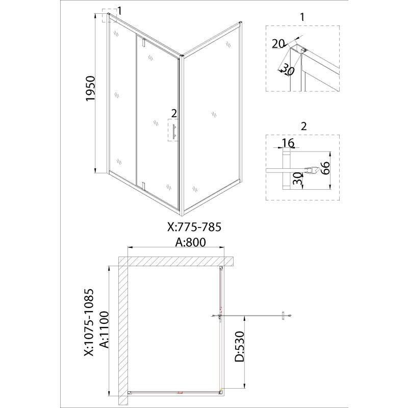 Душевой уголок Niagara NG-63-11A-A80 (110*80*195) прямоугольник, дверь распашная, 2 места
