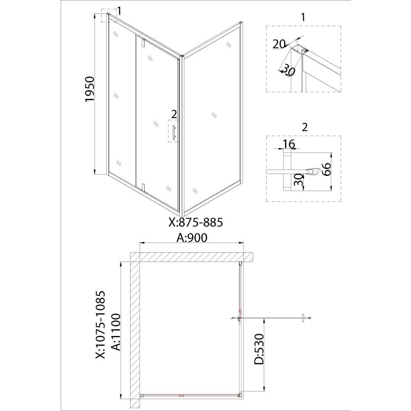 Душевой уголок Niagara NG-63-11A-A90 (110*90*195) прямоугольник, дверь распашная, 2 места