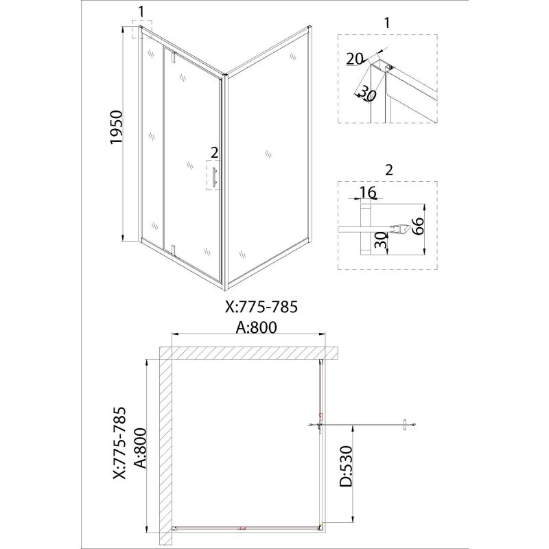 Душевой уголок Niagara NG-63-8A-A80 (80*80*195) квадрат, дверь распашная, 2 места