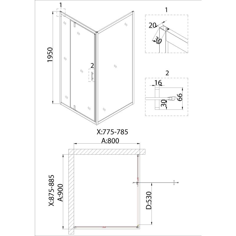Душевой уголок Niagara NG-63-9A-A80 (90*80*195) прямоугольник, дверь распашная, 2 места