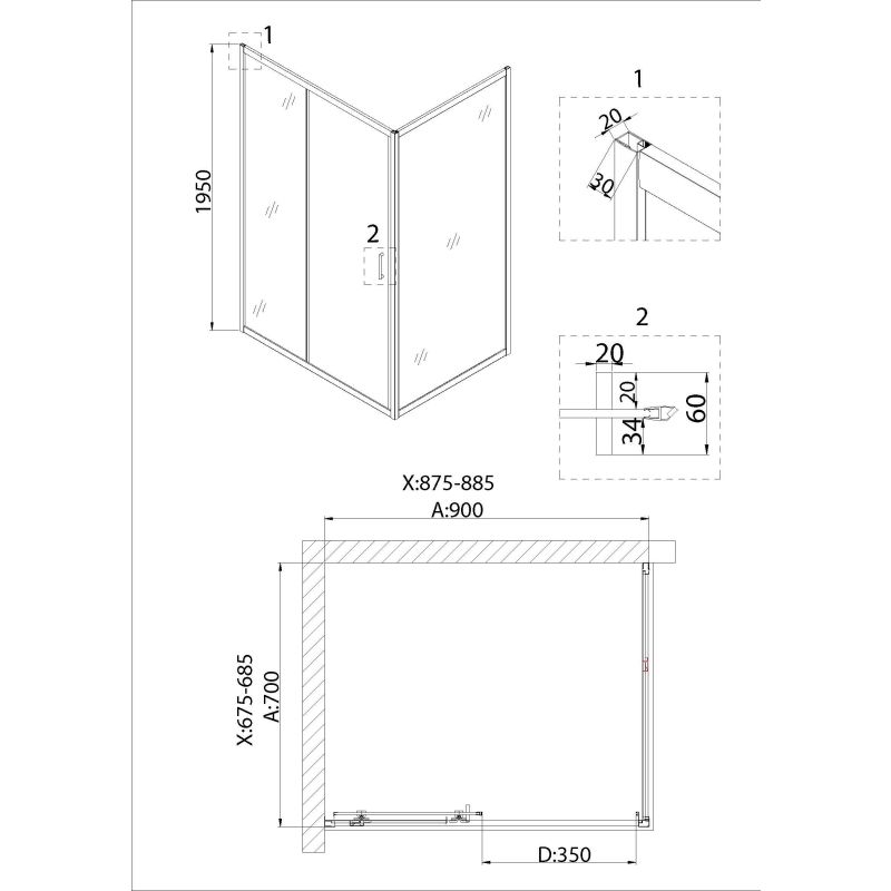 Душевой уголок Niagara NG-82-9AB-A70B (90*70*195) прямоугольник, дверь раздвижная, 2 места
