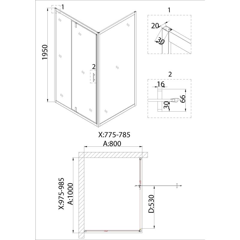 Душевой уголок Niagara NG-83-10AB-A80B (100*80*195) прямоугольник, дверь распашная, 2 места