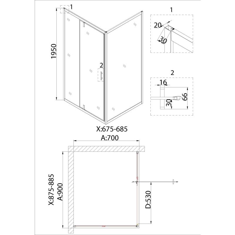 Душевой уголок Niagara NG-83-9AB-A70B (90*70*195) прямоугольник, дверь распашная, 2 места