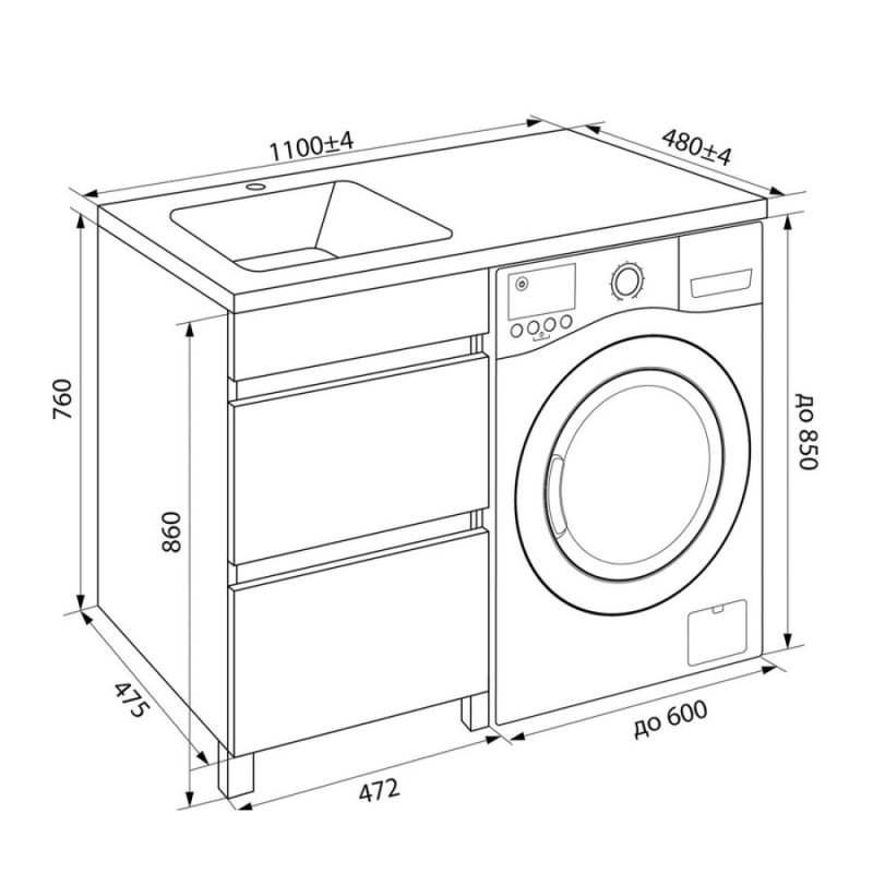 Тумба под раковину Iddis Optima Home 110 см напольная, для стиральной машины, с ящиками, белый, OPH110Bi95