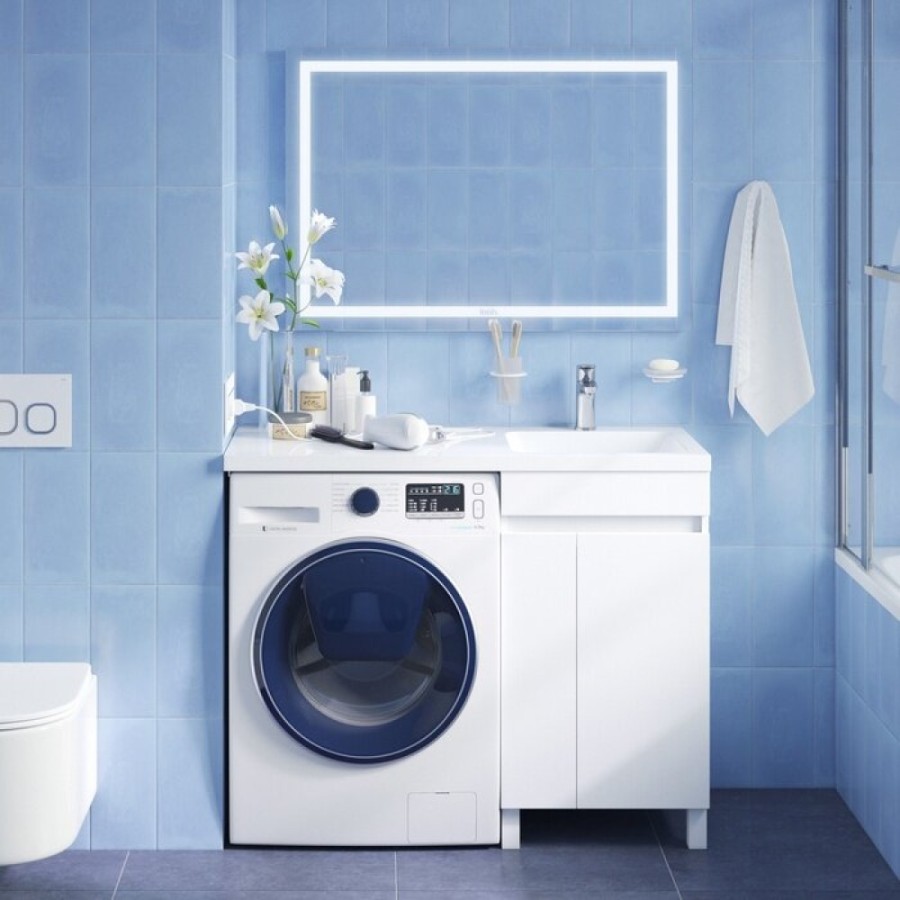 Тумба с раковиной Iddis Optima Home 120 см напольная, для стиральной машины, с дверцами, белый, левая/правая