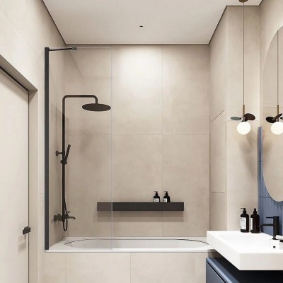 Стеклянная шторка на ванну Veconi Palau PL84B-90-01-C8, 90 см, стекло прозрачное, профиль черный