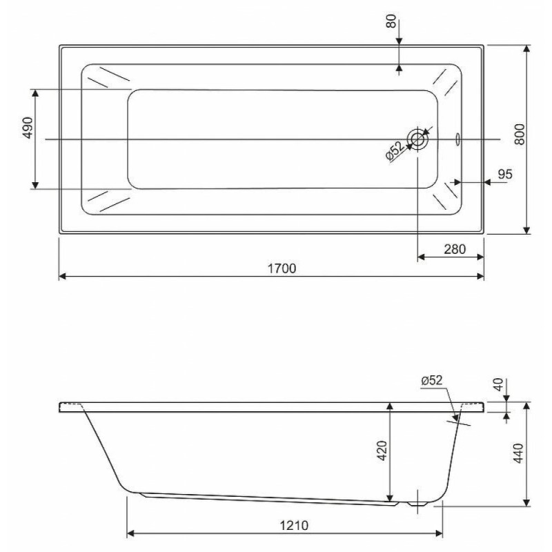 Ванна акриловая Cezares Plane Solo Mini, 170 x 80 см, цвет белый, PLANE SOLO MINI-170-80-42-W37